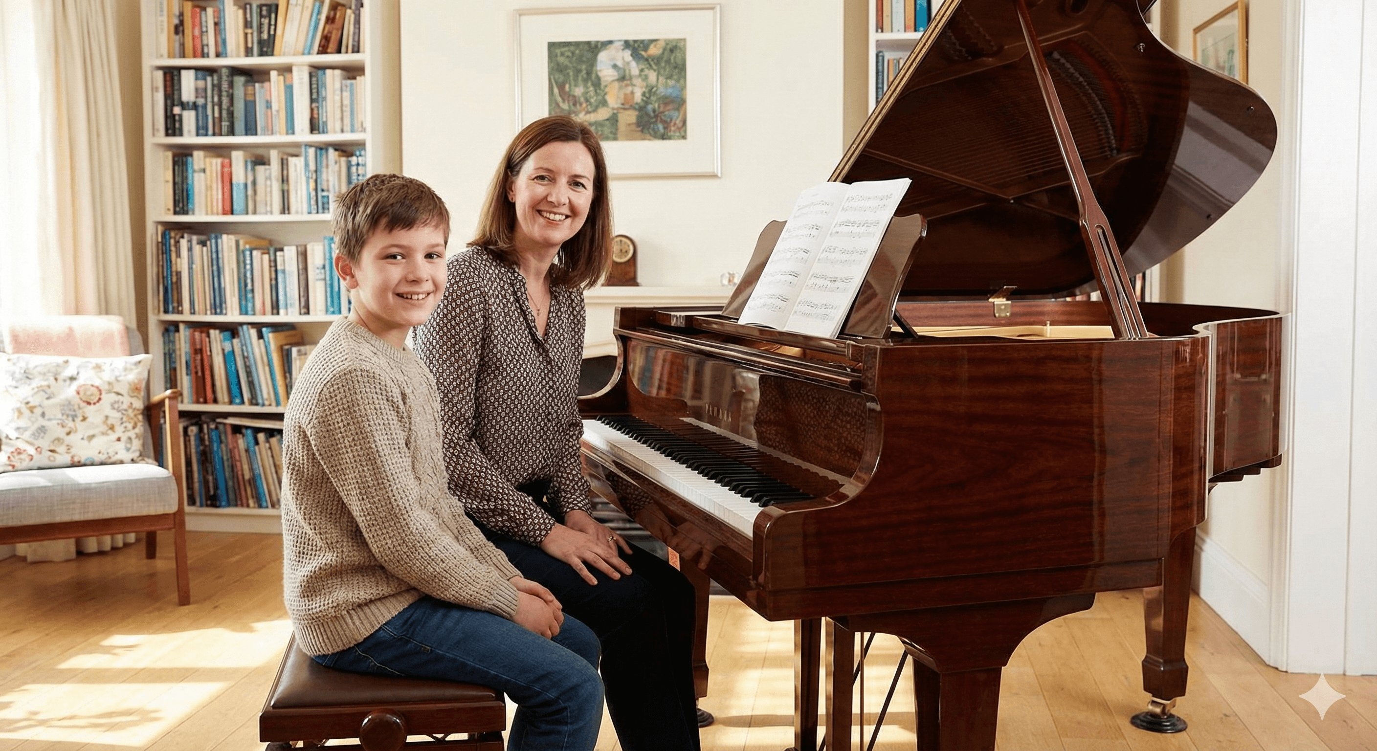 Piano teacher and student at a grand piano